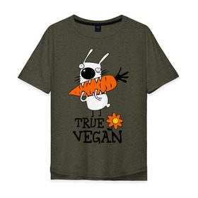 Мужская футболка хлопок Oversize с принтом True vegan (истинный веган) в Екатеринбурге, 100% хлопок | свободный крой, круглый ворот, “спинка” длиннее передней части | carrot | flower | rabbit | true | vegan | веган | заяц | истинный | морковка | ролик | цветок | экология