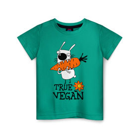 Детская футболка хлопок с принтом True vegan (истинный веган) в Екатеринбурге, 100% хлопок | круглый вырез горловины, полуприлегающий силуэт, длина до линии бедер | carrot | flower | rabbit | true | vegan | веган | заяц | истинный | морковка | ролик | цветок | экология