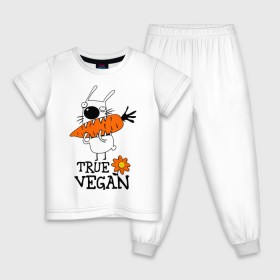 Детская пижама хлопок с принтом True vegan (истинный веган) в Екатеринбурге, 100% хлопок |  брюки и футболка прямого кроя, без карманов, на брюках мягкая резинка на поясе и по низу штанин
 | carrot | flower | rabbit | true | vegan | веган | заяц | истинный | морковка | ролик | цветок | экология