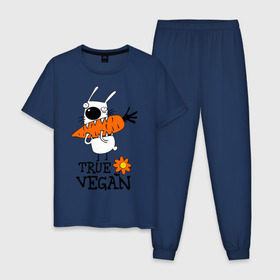 Мужская пижама хлопок с принтом True vegan (истинный веган) в Екатеринбурге, 100% хлопок | брюки и футболка прямого кроя, без карманов, на брюках мягкая резинка на поясе и по низу штанин
 | carrot | flower | rabbit | true | vegan | веган | заяц | истинный | морковка | ролик | цветок | экология