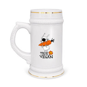 Кружка пивная с принтом True vegan (истинный веган) в Екатеринбурге,  керамика (Материал выдерживает высокую температуру, стоит избегать резкого перепада температур) |  объем 630 мл | carrot | flower | rabbit | true | vegan | веган | заяц | истинный | морковка | ролик | цветок | экология
