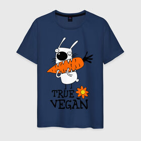 Мужская футболка хлопок с принтом True vegan (истинный веган) в Екатеринбурге, 100% хлопок | прямой крой, круглый вырез горловины, длина до линии бедер, слегка спущенное плечо. | carrot | flower | rabbit | true | vegan | веган | заяц | истинный | морковка | ролик | цветок | экология