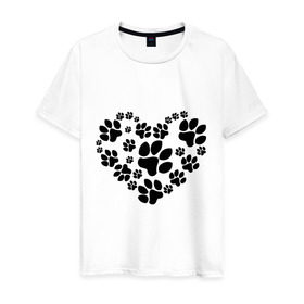 Мужская футболка хлопок с принтом Сердце из собачьих следов в Екатеринбурге, 100% хлопок | прямой крой, круглый вырез горловины, длина до линии бедер, слегка спущенное плечо. | 