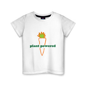 Детская футболка хлопок с принтом Vegetarian plant powered в Екатеринбурге, 100% хлопок | круглый вырез горловины, полуприлегающий силуэт, длина до линии бедер | carrot | plant | power | vegan. vegeterian | веган | вегетарианец | заряжен | морковь | овощи | растение | сила | фрукты
