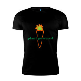 Мужская футболка премиум с принтом Vegetarian plant powered в Екатеринбурге, 92% хлопок, 8% лайкра | приталенный силуэт, круглый вырез ворота, длина до линии бедра, короткий рукав | carrot | plant | power | vegan. vegeterian | веган | вегетарианец | заряжен | морковь | овощи | растение | сила | фрукты