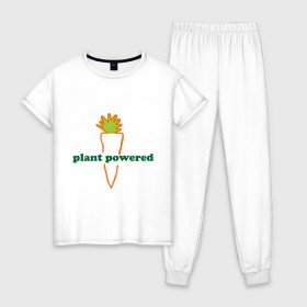 Женская пижама хлопок с принтом Vegetarian plant powered в Екатеринбурге, 100% хлопок | брюки и футболка прямого кроя, без карманов, на брюках мягкая резинка на поясе и по низу штанин | carrot | plant | power | vegan. vegeterian | веган | вегетарианец | заряжен | морковь | овощи | растение | сила | фрукты