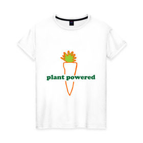 Женская футболка хлопок с принтом Vegetarian plant powered в Екатеринбурге, 100% хлопок | прямой крой, круглый вырез горловины, длина до линии бедер, слегка спущенное плечо | carrot | plant | power | vegan. vegeterian | веган | вегетарианец | заряжен | морковь | овощи | растение | сила | фрукты