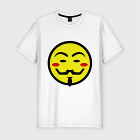 Мужская футболка премиум с принтом Вендетта смайлик в Екатеринбурге, 92% хлопок, 8% лайкра | приталенный силуэт, круглый вырез ворота, длина до линии бедра, короткий рукав | vendetta | анонимус | вендетта | гай | значит | маска | смайл | фокс