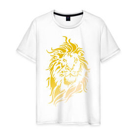 Мужская футболка хлопок с принтом Лев золотой в Екатеринбурге, 100% хлопок | прямой крой, круглый вырез горловины, длина до линии бедер, слегка спущенное плечо. | голова | грива | зверь | золото | лев | металл | хищник | царь