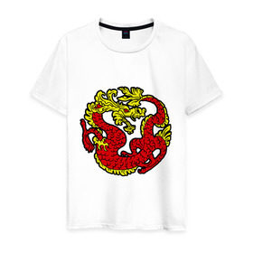 Мужская футболка хлопок с принтом Красный дракон в Екатеринбурге, 100% хлопок | прямой крой, круглый вырез горловины, длина до линии бедер, слегка спущенное плечо. | дракон | китайский | красный | мифология | огонь | пламя