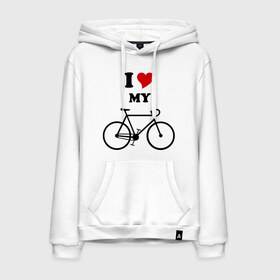 Мужская толстовка хлопок с принтом Я люблю велосипед в Екатеринбурге, френч-терри, мягкий теплый начес внутри (100% хлопок) | карман-кенгуру, эластичные манжеты и нижняя кромка, капюшон с подкладом и шнурком | Тематика изображения на принте: велик | велосипед | девушка | сердечко | я