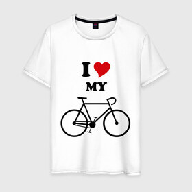 Мужская футболка хлопок с принтом Я люблю велосипед в Екатеринбурге, 100% хлопок | прямой крой, круглый вырез горловины, длина до линии бедер, слегка спущенное плечо. | Тематика изображения на принте: велик | велосипед | девушка | сердечко | я