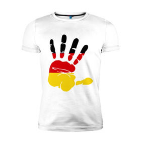 Мужская футболка премиум с принтом Рука Германии в Екатеринбурге, 92% хлопок, 8% лайкра | приталенный силуэт, круглый вырез ворота, длина до линии бедра, короткий рукав | Тематика изображения на принте: германия | желтый | красный | ладонь | отпечаток | рука | след | флаг | черный