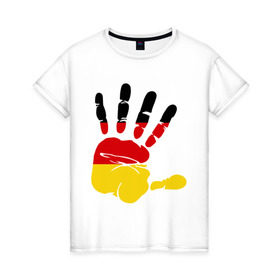 Женская футболка хлопок с принтом Рука Германии в Екатеринбурге, 100% хлопок | прямой крой, круглый вырез горловины, длина до линии бедер, слегка спущенное плечо | германия | желтый | красный | ладонь | отпечаток | рука | след | флаг | черный