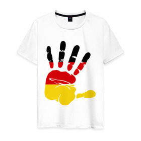 Мужская футболка хлопок с принтом Рука Германии в Екатеринбурге, 100% хлопок | прямой крой, круглый вырез горловины, длина до линии бедер, слегка спущенное плечо. | германия | желтый | красный | ладонь | отпечаток | рука | след | флаг | черный