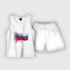 Детская пижама с шортами хлопок с принтом Сильная Россия в Екатеринбурге,  |  | Тематика изображения на принте: кони | лошадь | россия | сильная | триколор | тройка | флаг