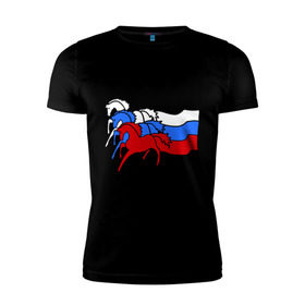 Мужская футболка премиум с принтом Сильная Россия в Екатеринбурге, 92% хлопок, 8% лайкра | приталенный силуэт, круглый вырез ворота, длина до линии бедра, короткий рукав | кони | лошадь | россия | сильная | триколор | тройка | флаг