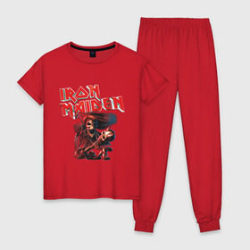 Женская пижама хлопок с принтом Iron Maiden в Екатеринбурге, 100% хлопок | брюки и футболка прямого кроя, без карманов, на брюках мягкая резинка на поясе и по низу штанин | гитара | скелет