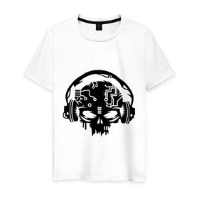 Мужская футболка хлопок с принтом Электро череп в Екатеринбурге, 100% хлопок | прямой крой, круглый вырез горловины, длина до линии бедер, слегка спущенное плечо. | Тематика изображения на принте: кости | музыка | наушники | электро череп