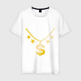 Мужская футболка хлопок с принтом Золотой доллар в Екатеринбурге, 100% хлопок | прямой крой, круглый вырез горловины, длина до линии бедер, слегка спущенное плечо. | доллар | звезда | золото | цепь