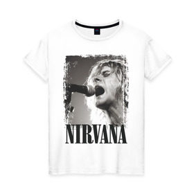 Женская футболка хлопок с принтом Nirvana в Екатеринбурге, 100% хлопок | прямой крой, круглый вырез горловины, длина до линии бедер, слегка спущенное плечо | Тематика изображения на принте: cobain | kurt | кобейн | курт | нирвана