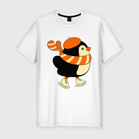 Мужская футболка премиум с принтом Пингвин на коньках в Екатеринбурге, 92% хлопок, 8% лайкра | приталенный силуэт, круглый вырез ворота, длина до линии бедра, короткий рукав | пингвин