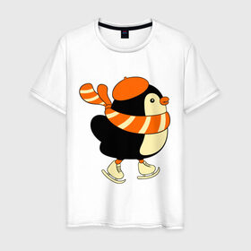 Мужская футболка хлопок с принтом Пингвин на коньках в Екатеринбурге, 100% хлопок | прямой крой, круглый вырез горловины, длина до линии бедер, слегка спущенное плечо. | Тематика изображения на принте: пингвин