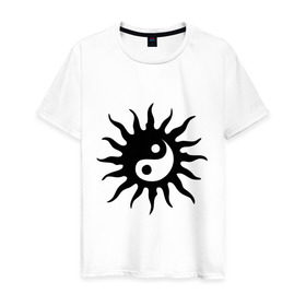 Мужская футболка хлопок с принтом Сияющий инь-ян в Екатеринбурге, 100% хлопок | прямой крой, круглый вырез горловины, длина до линии бедер, слегка спущенное плечо. | инь | луч | сияние | сияющий | солнце | ян | янь