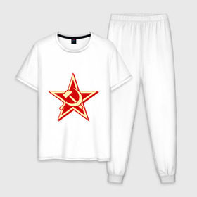 Мужская пижама хлопок с принтом Слава советскому человеку в Екатеринбурге, 100% хлопок | брюки и футболка прямого кроя, без карманов, на брюках мягкая резинка на поясе и по низу штанин
 | звезда | красный | молот | патриот | ретро | серп | ссср