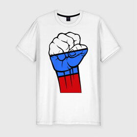 Мужская футболка премиум с принтом Русский дух в Екатеринбурге, 92% хлопок, 8% лайкра | приталенный силуэт, круглый вырез ворота, длина до линии бедра, короткий рукав | дух | кулак | патриот | россия | рука | русский | рф | триколор