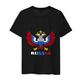 Мужская футболка хлопок с принтом Russia в Екатеринбурге, 100% хлопок | прямой крой, круглый вырез горловины, длина до линии бедер, слегка спущенное плечо. | герб | орел | патриот | россия | русский | рф | триколор