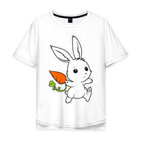 Мужская футболка хлопок Oversize с принтом Зайка с морковкой в Екатеринбурге, 100% хлопок | свободный крой, круглый ворот, “спинка” длиннее передней части | белый | зайка | заяц | кролик | милый | морковь