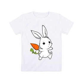 Детская футболка хлопок с принтом Зайка с морковкой в Екатеринбурге, 100% хлопок | круглый вырез горловины, полуприлегающий силуэт, длина до линии бедер | белый | зайка | заяц | кролик | милый | морковь