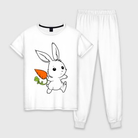 Женская пижама хлопок с принтом Зайка с морковкой в Екатеринбурге, 100% хлопок | брюки и футболка прямого кроя, без карманов, на брюках мягкая резинка на поясе и по низу штанин | белый | зайка | заяц | кролик | милый | морковь
