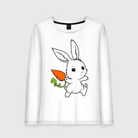 Женский лонгслив хлопок с принтом Зайка с морковкой в Екатеринбурге, 100% хлопок |  | белый | зайка | заяц | кролик | милый | морковь