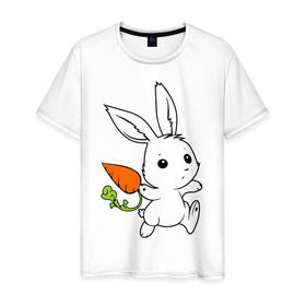 Мужская футболка хлопок с принтом Зайка с морковкой в Екатеринбурге, 100% хлопок | прямой крой, круглый вырез горловины, длина до линии бедер, слегка спущенное плечо. | Тематика изображения на принте: белый | зайка | заяц | кролик | милый | морковь