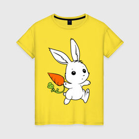 Женская футболка хлопок с принтом Зайка с морковкой в Екатеринбурге, 100% хлопок | прямой крой, круглый вырез горловины, длина до линии бедер, слегка спущенное плечо | белый | зайка | заяц | кролик | милый | морковь