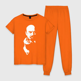 Женская пижама хлопок с принтом Ленин в Екатеринбурге, 100% хлопок | брюки и футболка прямого кроя, без карманов, на брюках мягкая резинка на поясе и по низу штанин | большевик | дуля | ильич | коммунизм | ленин | ретро | ссср | фига | шиш