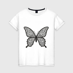 Женская футболка хлопок с принтом Бабочка с кружевными крыльями в Екатеринбурге, 100% хлопок | прямой крой, круглый вырез горловины, длина до линии бедер, слегка спущенное плечо | Тематика изображения на принте: кружево | мотылек | силуэт | узор