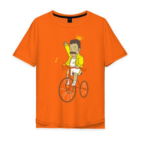 Мужская футболка хлопок Oversize с принтом Фредди на велосипеде в Екатеринбурге, 100% хлопок | свободный крой, круглый ворот, “спинка” длиннее передней части | queen | велосипед | меломанам | музыка | прикол | рок | фрэдди меркьюри
