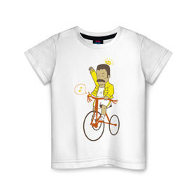 Детская футболка хлопок с принтом Фредди на велосипеде в Екатеринбурге, 100% хлопок | круглый вырез горловины, полуприлегающий силуэт, длина до линии бедер | Тематика изображения на принте: queen | велосипед | меломанам | музыка | прикол | рок | фрэдди меркьюри