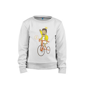 Детский свитшот хлопок с принтом Фредди на велосипеде в Екатеринбурге, 100% хлопок | круглый вырез горловины, эластичные манжеты, пояс и воротник | Тематика изображения на принте: queen | велосипед | меломанам | музыка | прикол | рок | фрэдди меркьюри