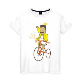 Женская футболка хлопок с принтом Фредди на велосипеде в Екатеринбурге, 100% хлопок | прямой крой, круглый вырез горловины, длина до линии бедер, слегка спущенное плечо | queen | велосипед | меломанам | музыка | прикол | рок | фрэдди меркьюри