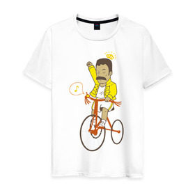 Мужская футболка хлопок с принтом Фредди на велосипеде в Екатеринбурге, 100% хлопок | прямой крой, круглый вырез горловины, длина до линии бедер, слегка спущенное плечо. | queen | велосипед | меломанам | музыка | прикол | рок | фрэдди меркьюри