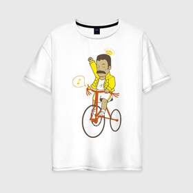 Женская футболка хлопок Oversize с принтом Фредди на велосипеде в Екатеринбурге, 100% хлопок | свободный крой, круглый ворот, спущенный рукав, длина до линии бедер
 | queen | велосипед | меломанам | музыка | прикол | рок | фрэдди меркьюри