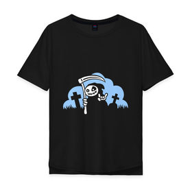 Мужская футболка хлопок Oversize с принтом Веселая смерть в Екатеринбурге, 100% хлопок | свободный крой, круглый ворот, “спинка” длиннее передней части | коса | тыква | хэллоуин