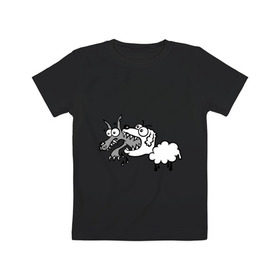 Детская футболка хлопок с принтом Волк и овечка в Екатеринбурге, 100% хлопок | круглый вырез горловины, полуприлегающий силуэт, длина до линии бедер | Тематика изображения на принте: баран | внезапно | волк | ловушка | овечка | овца