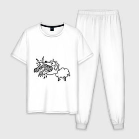 Мужская пижама хлопок с принтом Волк и овечка в Екатеринбурге, 100% хлопок | брюки и футболка прямого кроя, без карманов, на брюках мягкая резинка на поясе и по низу штанин
 | баран | внезапно | волк | ловушка | овечка | овца