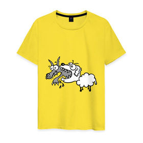 Мужская футболка хлопок с принтом Волк и овечка в Екатеринбурге, 100% хлопок | прямой крой, круглый вырез горловины, длина до линии бедер, слегка спущенное плечо. | баран | внезапно | волк | ловушка | овечка | овца