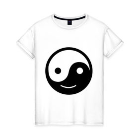 Женская футболка хлопок с принтом Веселый Инь Янь в Екатеринбурге, 100% хлопок | прямой крой, круглый вырез горловины, длина до линии бедер, слегка спущенное плечо | веселый | инь | китай | смайл | улыбка | философия | ян | янь